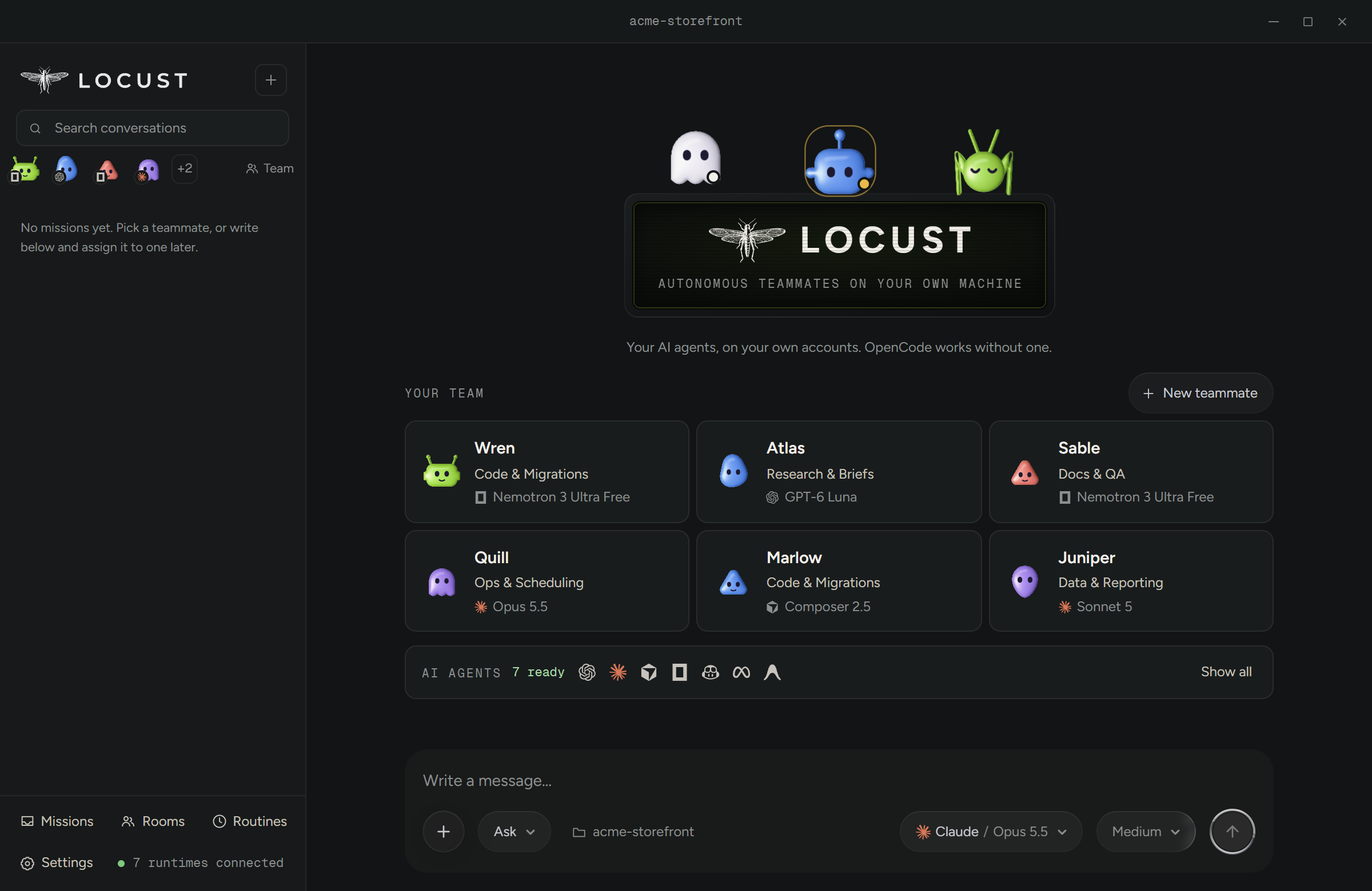 Locust home screen with four teammates, each on its own AI