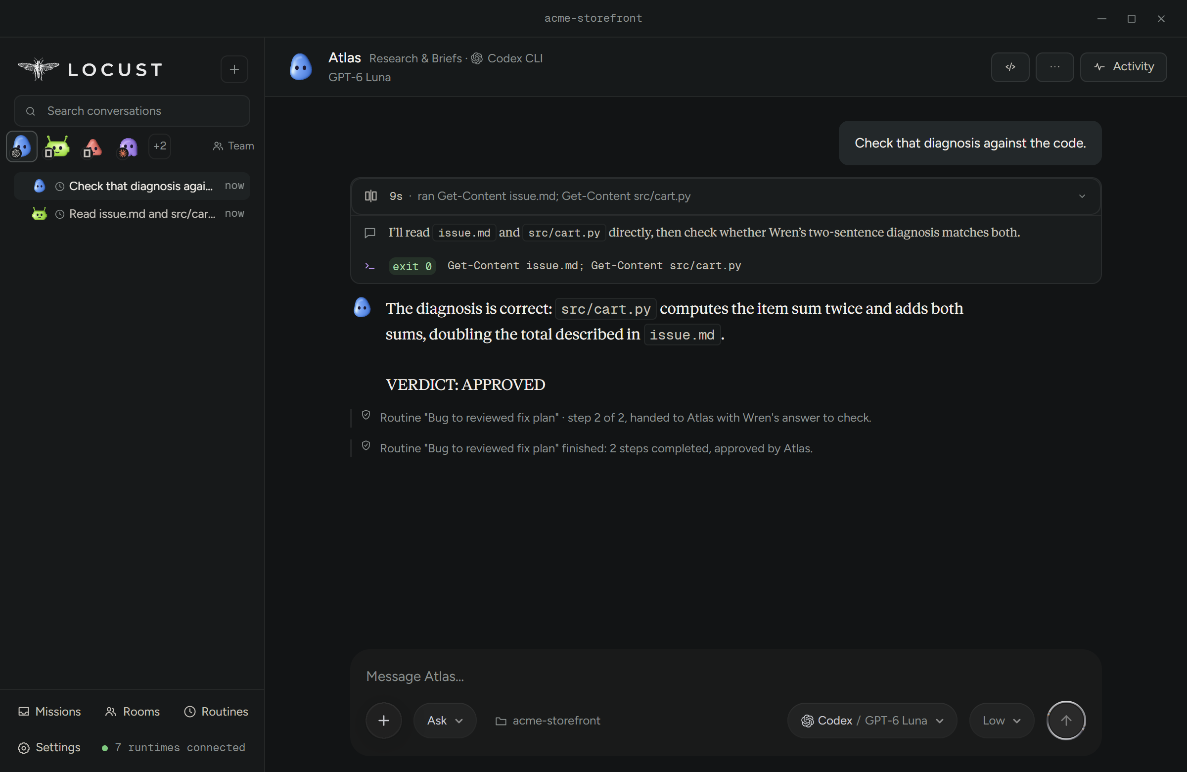 A hand-off chain: a second teammate on a different AI checks the first and approves