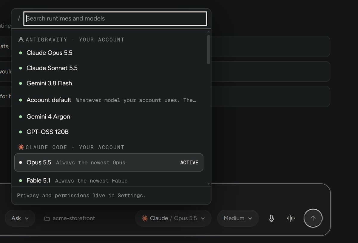 The model picker: Antigravity and Claude Code models from your own accounts, with the one in use marked