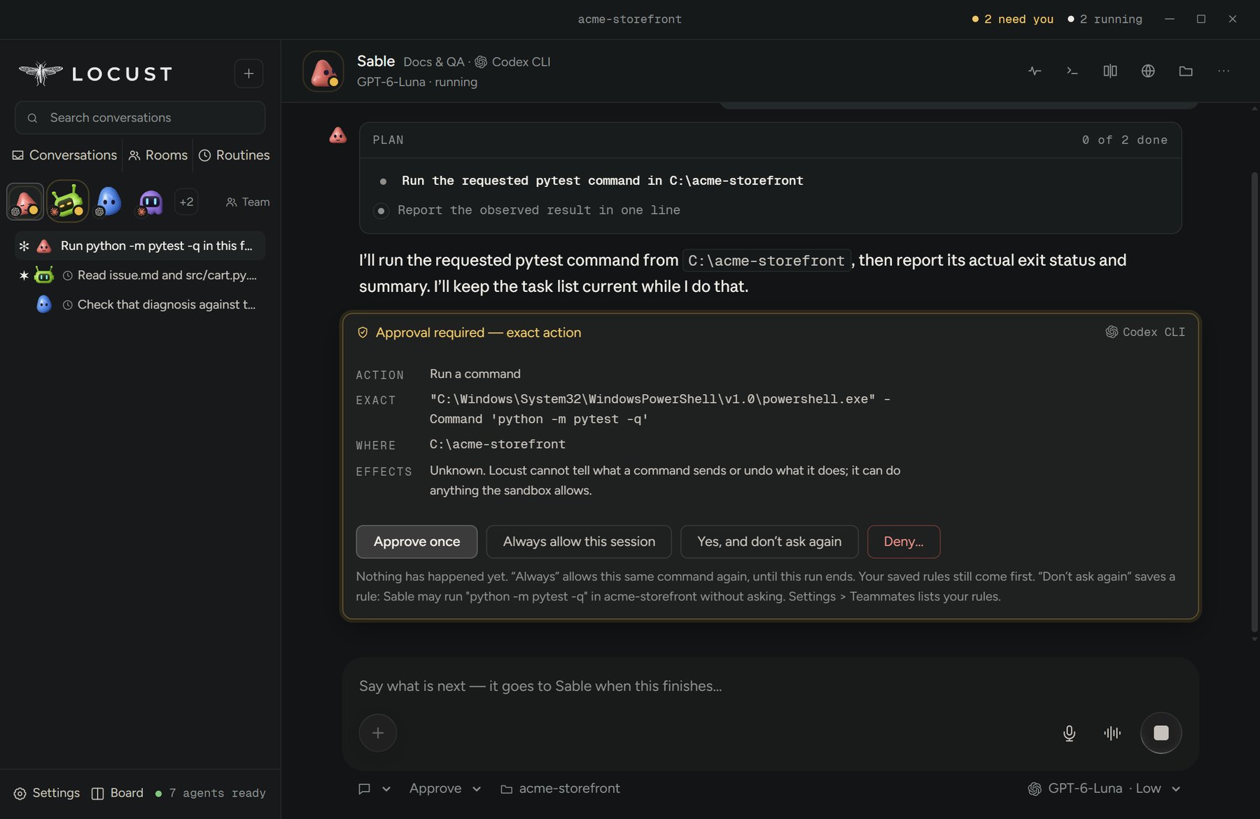 Locust at work: Sable, on Codex, waits for approval to run the tests, with the exact command and folder on its card, while the sidebar shows Wren's diagnosis and Atlas's check of it