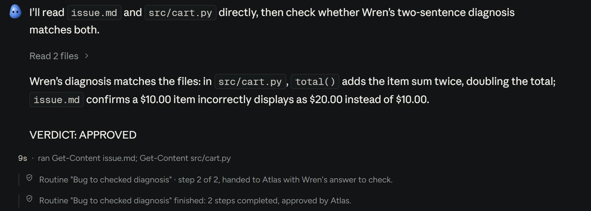 Atlas, on Codex, reads the files, agrees with Wren's diagnosis and approves; the routine notes the step was handed over and approved