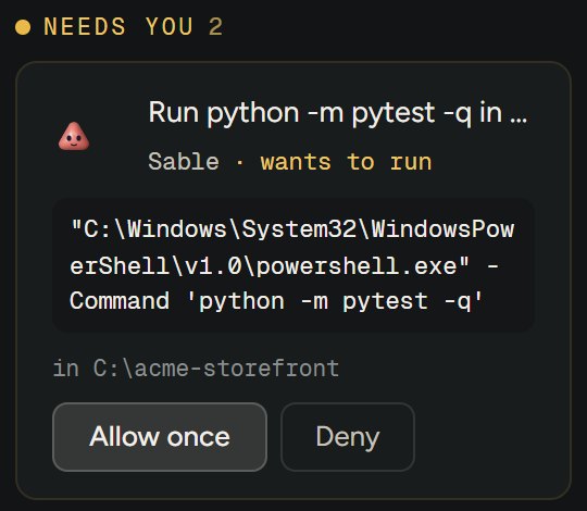 A Board card: Sable wants to run python -m pytest -q in C:\acme-storefront, with Allow once and Deny